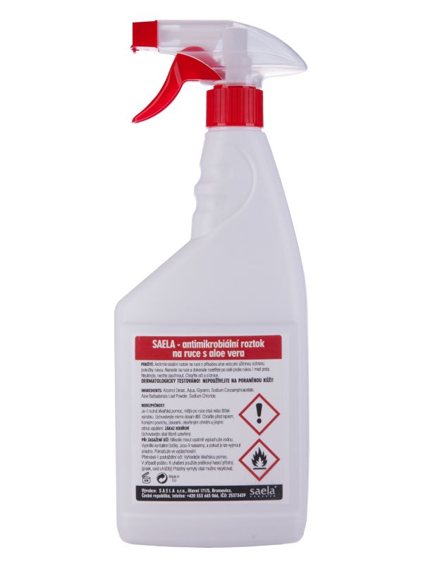 SAELA - antimikrobiálny čistiaci roztok na ruky s aloe vera - 750 ml s rozprašovačom